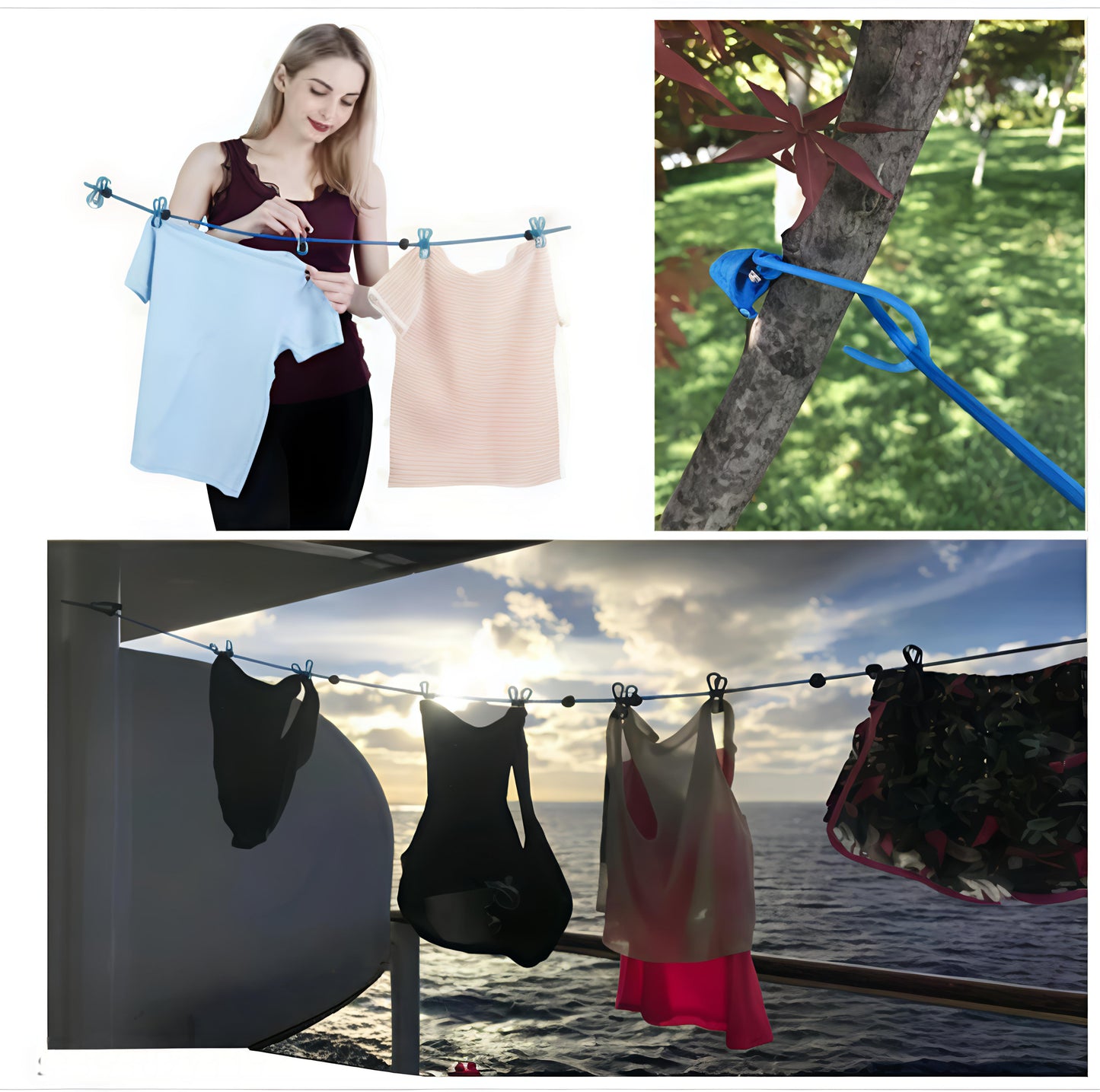 🔥 Buy 2 Get 2 FREE – Elastic Cloth Drying Rope with Hooks & 12 Clips | Travel & Home Use | Windproof & Portable