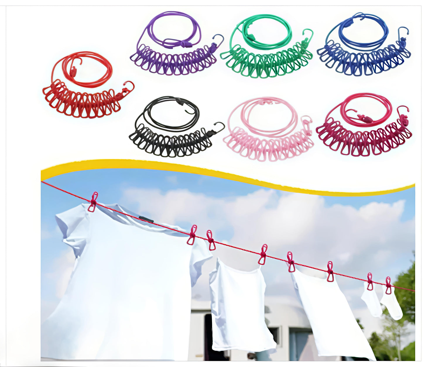 🔥 Buy 2 Get 2 FREE – Elastic Cloth Drying Rope with Hooks & 12 Clips | Travel & Home Use | Windproof & Portable