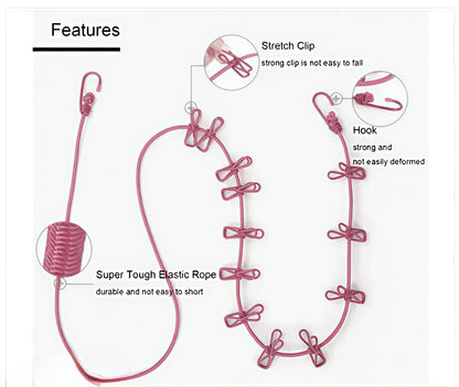 🔥 Buy 2 Get 2 FREE – Elastic Cloth Drying Rope with Hooks & 12 Clips | Travel & Home Use | Windproof & Portable